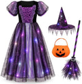 Meland Witch Costume for Girls, Light up Halloween Costumes Aged 3-10