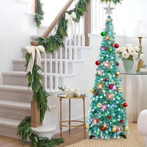 N&T NIETING Pop Up Christmas Tree with Lights & Ornaments, 5FT, Lake Blue