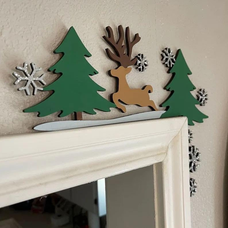 Christmas Door Topper Holiday Home Decor Funny Snowman Santa Claus Top Door Frame Corner Sign Decorations, Windows Walls DIY Craft for Christmas Party Ornament (Reindee)