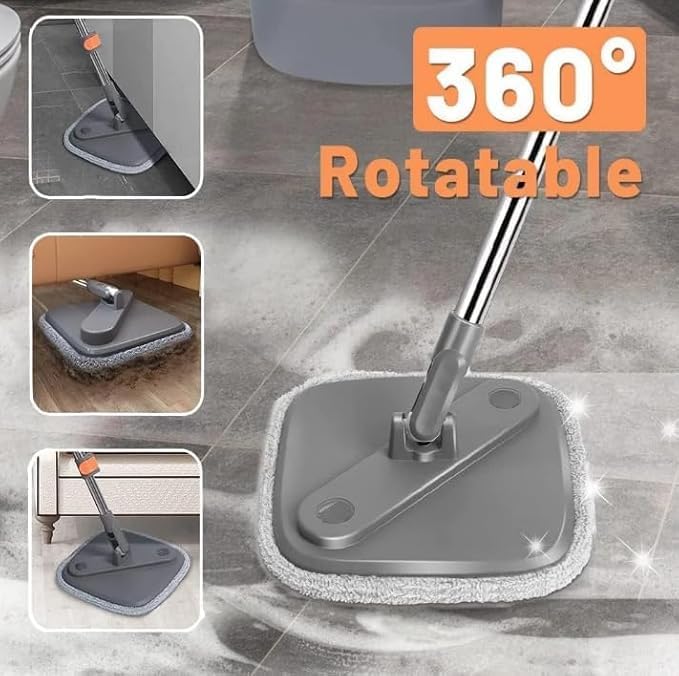 LetsClean 360 Spin Mop and Bucket Clean and Dirty Water Separation System, Back Pain Free, Tile, Hardwood, Marble Floors Square Mop Head Easy Mopping Life, Grey, White, Orange
