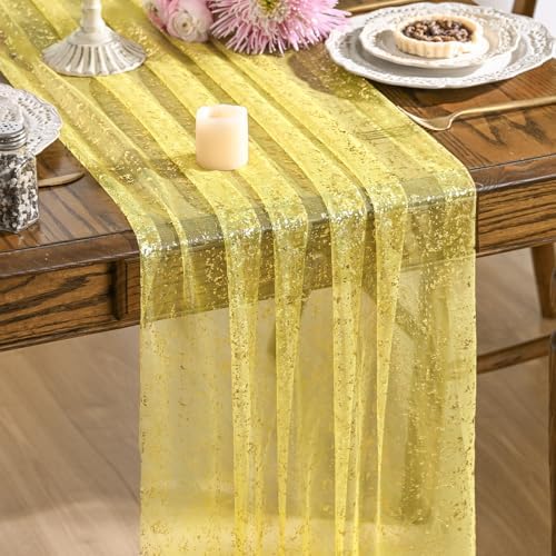 Artoid Mode 6PCS Light Yellow Gold Gauze Table Runner 120 Inch 10FT, Glitter Metallic Foil Sheer Dining Wedding Anniversary Holiday Birthday Table Decor for Home Party