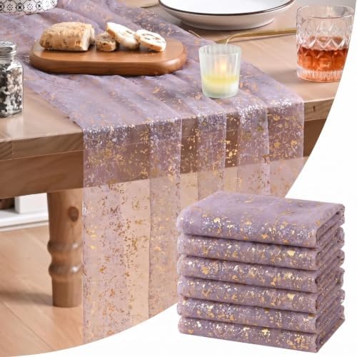 Artoid Mode 6Pcs Grayish Purple Gauze Gold Table Runner 10FT, Glitter Metallic Foil Sheer Dining Wedding Anniversary Holiday Table Decor for Home Party