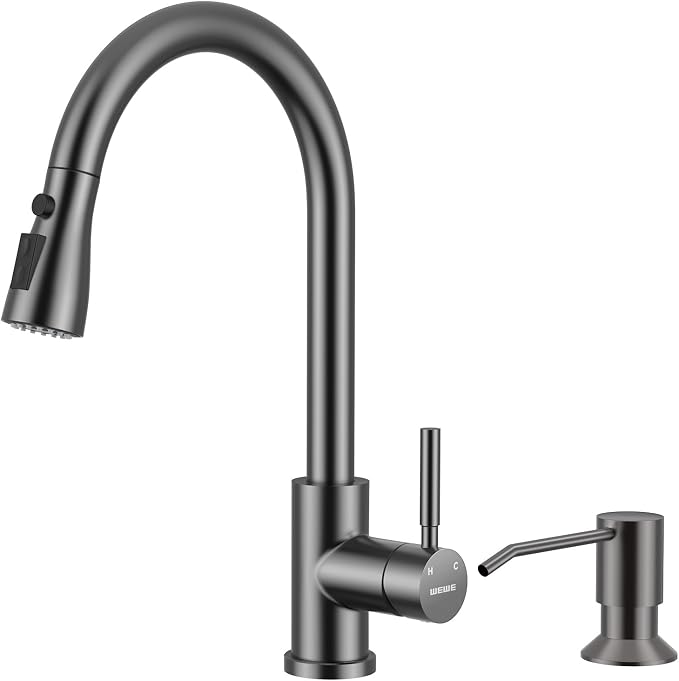 WEWE Kitchen Faucet with Pull Down Sprayer and Soap Dispenser, Matte Gray High Arc Single Handle Stainless Steel Sink Faucet, Suitable for Farmhouse, RV & Laundry