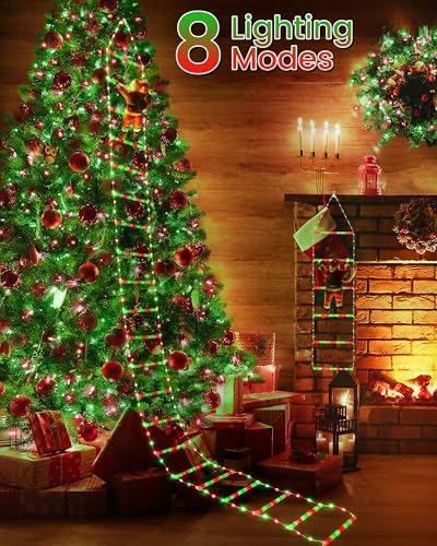 Toodour LED Christmas Lights - 10ft Christmas Decorative Ladder Lights with Santa Claus, Xmas Decorations Light for Indoor Outdoor, Window, Garden, Home, Wall, Xmas Tree Decor - Red & Green