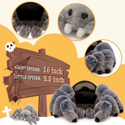 MorisMos Large Spider Plush, 16" Mommy Spider Stuffed Animal with 3 Babies