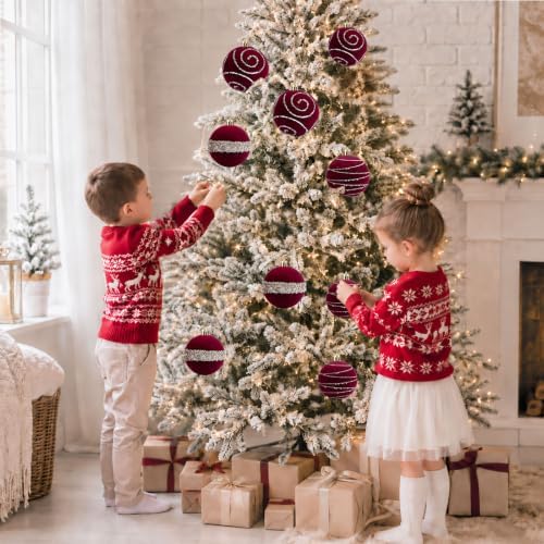 9Pcs Red Velvet Christmas Ornaments 3.94In Balls for Christmas Tree Deco