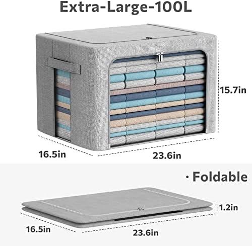 Clothes Storage Bins with Metal Frame, Clear Window, 100L,Light Grey,2-Pack