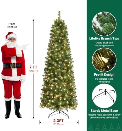 SHareconn Prelit Artificial Pencil Christmas Tree 7FT & Warm White Lights