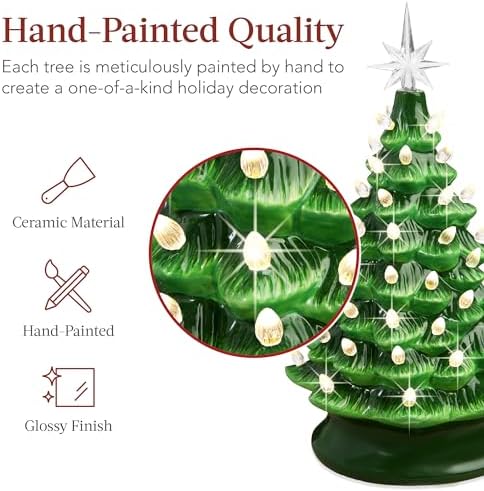 Best Choice Products 15in Ceramic Christmas Tree, Pre-lit Hand-Painted Tabletop Holiday Tree, 2 Star Toppers, 64 Lights - Green w/Warm White Bulbs