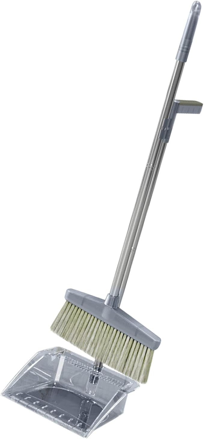 RiToEasysports Broom Dustpan Set Durable Cleaning Tool Large Sweeping Range for Home Bedroom,Stainless Steel Long Handle,PP Plastic Kit (Gray)
