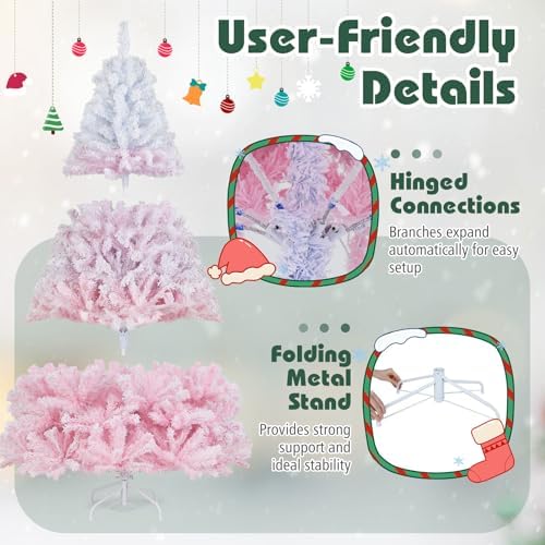 HAPPYGRILL 7 FT Pre-lit Flocked Christmas Tree Pink Hinged Xmas Tree with 1264 Branch Tips, 350 Warm White LED Lights & Folding Metal Stand, for Home Office Carnival