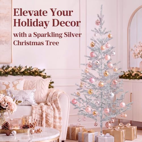 5ft Silver Tinsel Christmas Tree, Retro Aluminum Christmas Tree