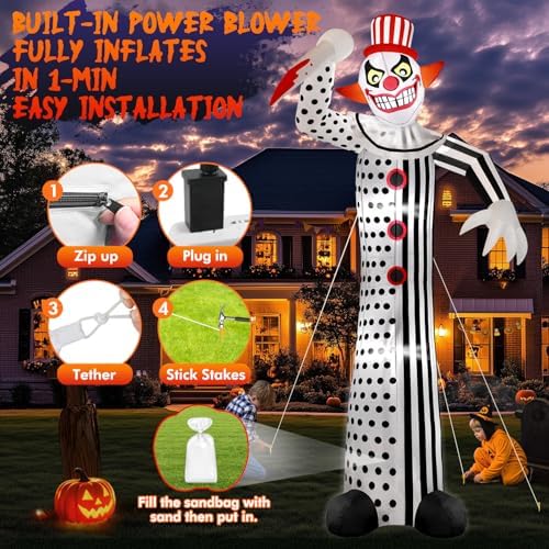 zukakii 12Ft Giant Halloween Inflatables Creepy Clown, Huge Halloween Decorations Outdoor Blow Up Yard Decorations Built-in Full-Body LED Light & Strong Blower for Home Decor Party Lawn