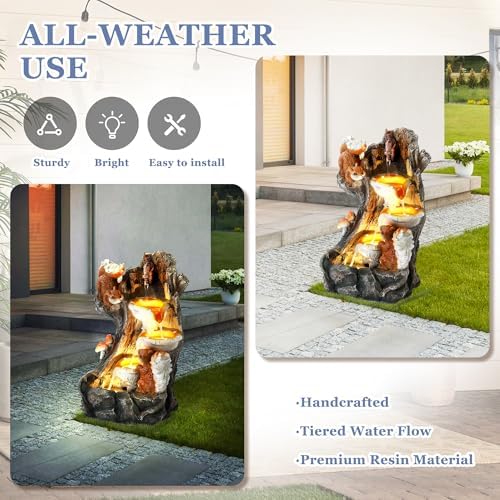 Grepatio Outdoor 4-Tiers Cascading Water Fountain, Garden Waterfalls Fountain with LED Lights, Indoor/Outdoor Floor Standing Water Fountains with Pump for Patio, Yard, Deck Decor with 2 Squirrel Look