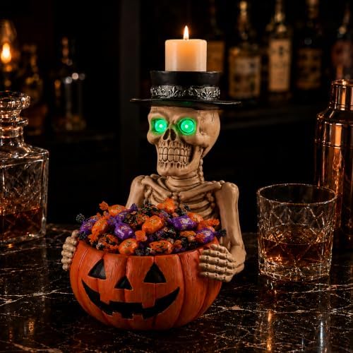 Halloween Skeleton Pumpkin Candy Bowl with Glowing Eyes