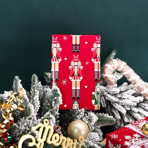 WRAPAHOLIC 30 Inch Jumbo Reversible Nutcracker Christmas Wrapping Paper - 30 Inch x 100 Feet Jumbo Roll Red Nutcracker and Snowflake Wrapping Paper for Christmas, Holiday, Party