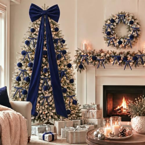 49 Pcs Royal Blue Christmas Tree Decoration Set with Velvet Bow Ball