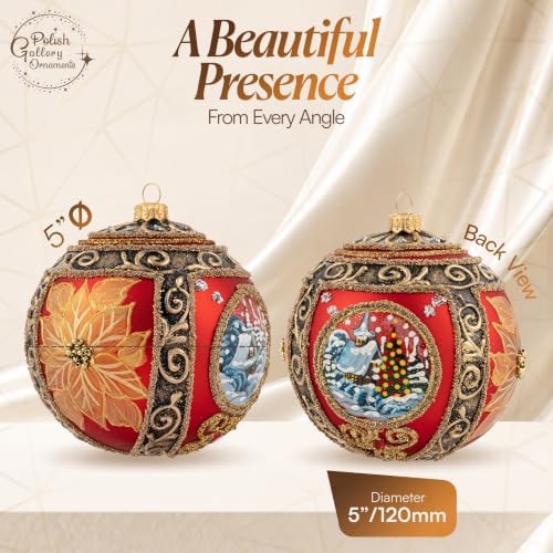 Polish Hand Blown Glass Christmas Ornaments Ball, Wintry Gold 5 in