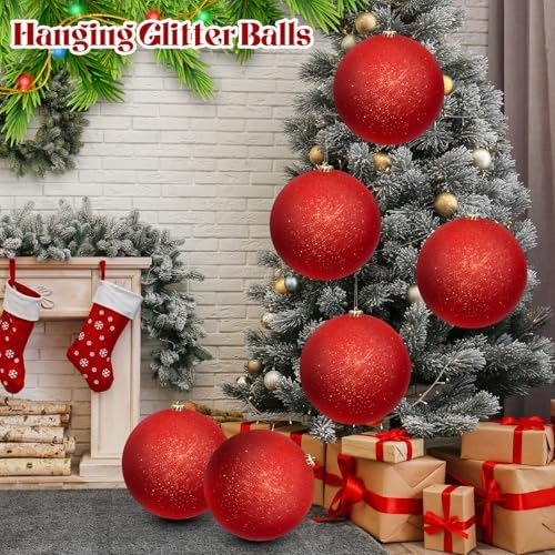 Zubebe 6 Pcs 8" Jumbo Christmas Ball Ornaments Lawn,Red Glitter