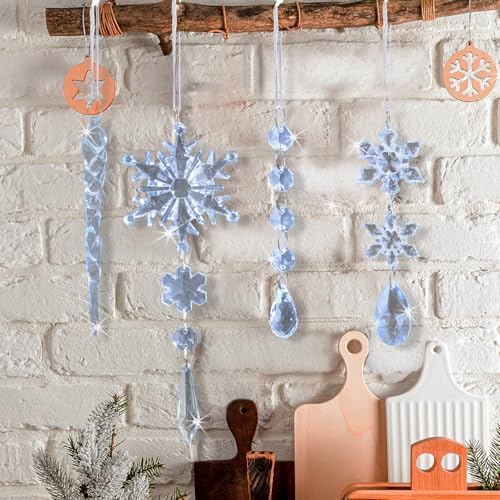 GuassLee 36pcs Crystal Christmas Tree Ornaments - Blue Acrylic Snowflake Icicle Drop Crystal Hanging Ornaments for Christmas Tree Wonderland Frozen Themed Birthday Party Decor