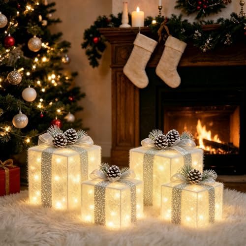Set of 4 Christmas Lighted Gift Boxes, Battery Operated Xmas Decor