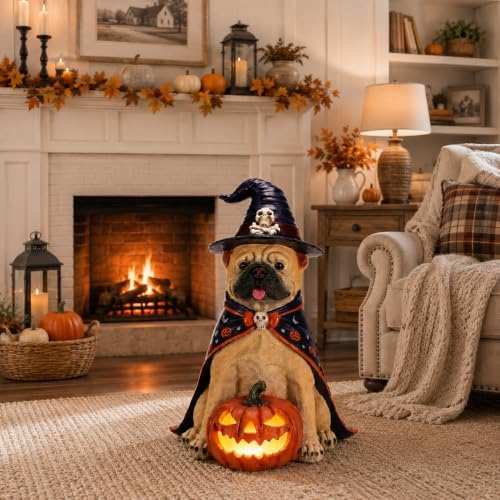 Halloween Large French Bulldog Statue with Glowing Pumpkin,Porch Decor