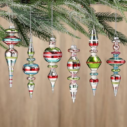 Soulchen 6 Pcs Vintage Glass Finial Christmas Ornaments Classic 6-6.8 Inch