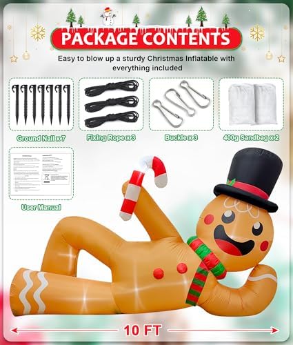 EAONE 10FT Christmas Inflatable Outdoor Decoration, Giant Christmas Blow Ups Yard Decorations Inflatable Gingerbread Man Lying Flat with Built-in LED Lights for Garden, Lawn, Home Xmas Holiday Decor