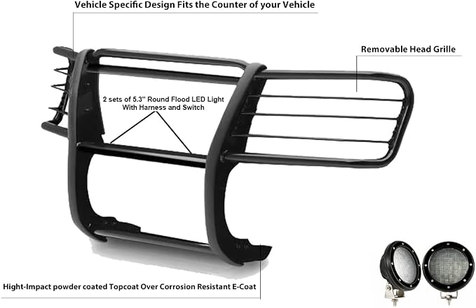 Black Horse Grille Brush Bumper Guard Modular Come with Pair of 5.3" Dia.LED Lights with Black Trim Rings Compatible with 2002-2006 GMC Envoy|2002-2006 GMC Envoy XL-17GD26MA-PLFB