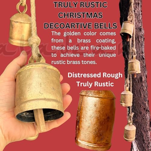 Giant Decorative Cow Bells Set of 3 Huge Christmas Bells for Decoration - XL Vintage Harmony Cowbells Rustic on Jute Rope Hanging Gold Tibetan Lucky Charm (6"-8"-10")