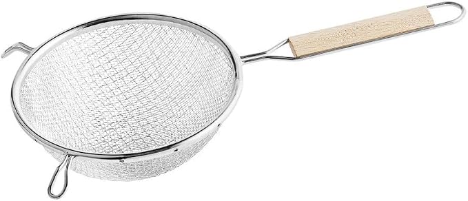 Soro Essentials- 6" Double Tinned Coarse Mesh Strainer with Pan Hooks Wooden Handle- Food Sieve Strainer Kitchen Mesh Strainer Utensil for Cooking Rice Quinoa Pasta Fruits Vegetable Home Kitchen