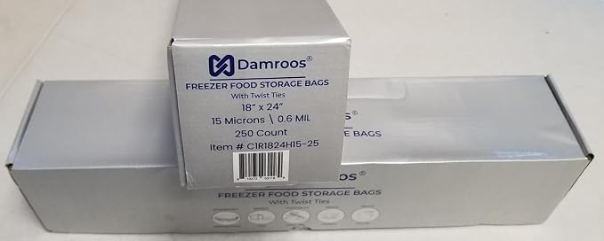 250 Freezer Food Storage Bags, 18" W x 24" H (Width x Height), with Plastic Ties. Clear Plastic Bags on Roll, High-Density Polyethylene, 15 Micron, 250 Bags/Roll, 1 Roll/Box