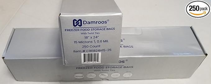 250 Freezer Food Storage Bags, 18" W x 24" H (Width x Height), with Plastic Ties. Clear Plastic Bags on Roll, High-Density Polyethylene, 15 Micron, 250 Bags/Roll, 1 Roll/Box