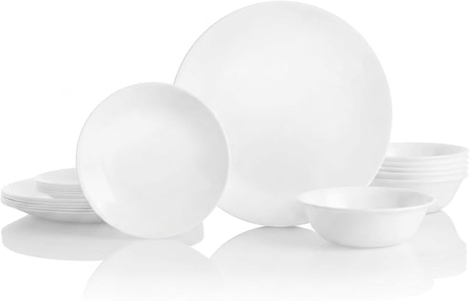 Corelle Vitrelle 18-Piece Service for 6 Dinnerware Set Triple Layer Glass and Chip Resistant, Lightweight Round Plates and Bowls Set, Winter Frost White