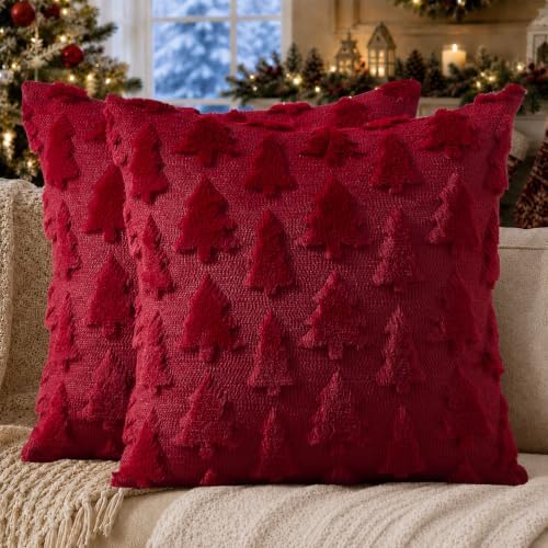 DFXSZ Christmas Tree Pillow Covers 18x18 Set of 2 Christmas Decor Wine Red