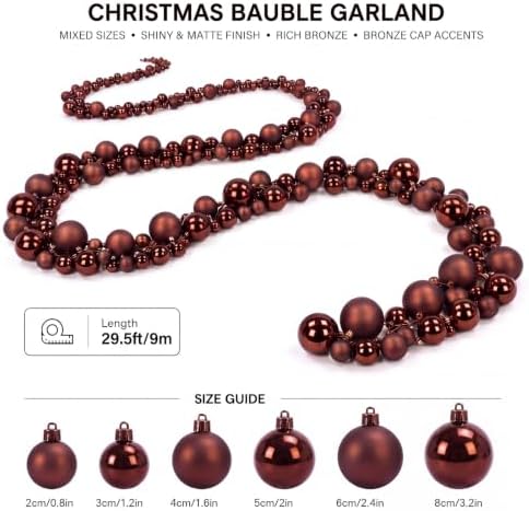 Sosation 29.5Ft Christmas Ball Ornament Garland, Brown, Glossy Matte