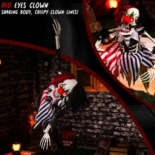 Halloween Animatronics Hanging Clown - Animated Scary Talking Decoration with Sound & Sensor Activated, Creepy Voice, Spooky Move, Light-Up Eyes, Haunted Horror Prop for Indoor, Outdoor, Yard Lawn