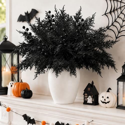 45 Pcs Halloween Black Cypress Leaf Branches, Faux Black Stems Centerpieces