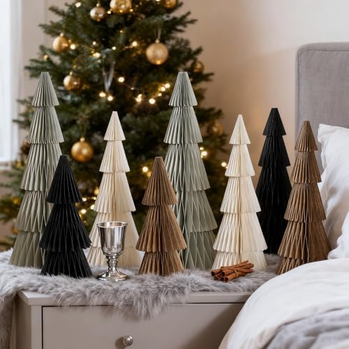 SUNBEUTY 8PCS Paper Christmas Trees, Neutral Honeycomb Christmas Tree, 3D Paper Trees, Christmas Tree Table Centerpieces for Home Xmas Tabletop Holiday Decor (Brown Black White Gray
