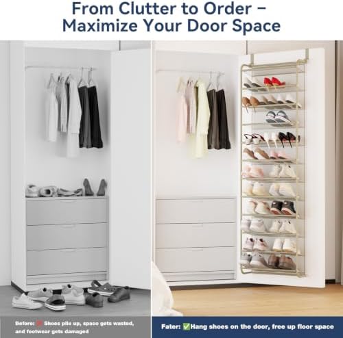 Whitmor 36 Pair Over the Door Shoe Rack,12 Tier Hanging Shoe Organizer with Metal Frame & Mesh Shelves, Heavy Duty Shoe Storage Holder for Door, No Drill Installation, 74" H x 21.7" W x 7.5" D, Oat