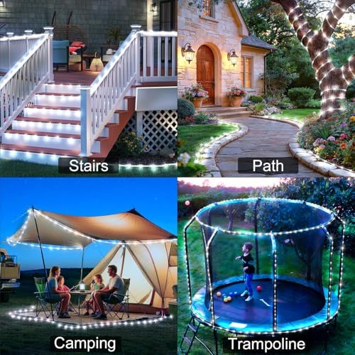 KNONEW Solar Rope Lights Outdoor 2 Packs Total 600LED 100FT Solar String Light Outside Waterproof with 8 Modes Clear Thin Tube for Pool Patio Garden Fence Camping Yard Deck Trampoline（Cool White）