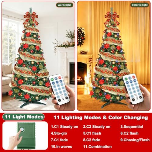 6 Ft Pop up Christmas Tree,Collapsible Christmas Tree with Lights 200 LED Pre-Lit Christmas Trees Plug-in with Remote Timer 8 Lighting Modes for Outdoor Indoor Party Christmas Decor