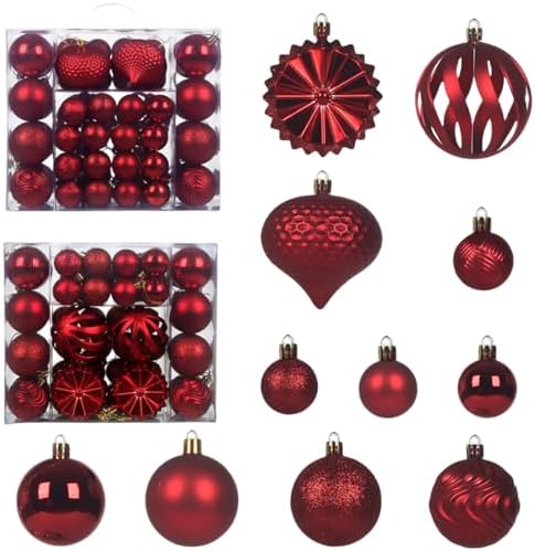 Christmas Tree Balls Ornaments Set, 48 Pcs Shatterproof Plastic Decorative Baubles Shiny Hanging Ball Ornaments for Xmas Tree Holiday Party Wedding Decoration, Red