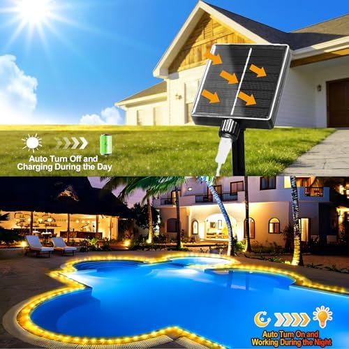 KNONEW Solar Rope Lights Outdoor 300LED 50FT Solar String Lights Outside Waterproof with Modes Clear Thin Tube for Pool Tree Patio Garden Fence Camping Yard Deck Trampoline（Warm White）