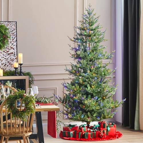 Glitzhome 7.5ft Prelit Christmas Tree, Artificial Christmas Tree with 500 Warm White and Multi-Color LEDs, Green Upward Slim Fir Xmas Tree, Vibrant Ascend Evergreen w/Metal Stand and Remote Control