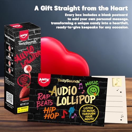 AMOS Music Lollipop Candy Suckers – TastySounds Audio Hip Hop Singing Lollipop, Assorted Fruit Flavors, Sugar-Free, Low-Calorie Snack, 4-Pack Gift Box