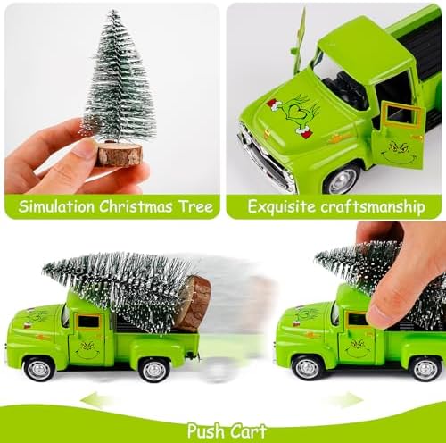 Christmas Green Truck Decor, Green Tree Truck Decorations for Home Indoor, Mini Cute Christmas Tree Tiered Tray Decor, Farmhouse Kitchen Tabletop Centerpiece Decorations