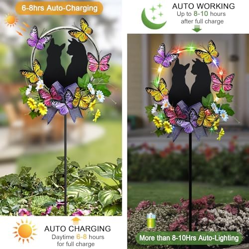 Cat Solar Light Outdoor Garden,Cat with Butterfly Flower Colorful LED Decor