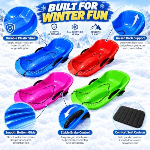 2 Pack Snow Sleds 89 x 45 x 26 cm, Plastic Toboggan Sleds with Brake Handles, Pull Ropes and Seat Cushions, High Back Snow Sled for Winter Outdoor Sliding, Blue Pink Red Green