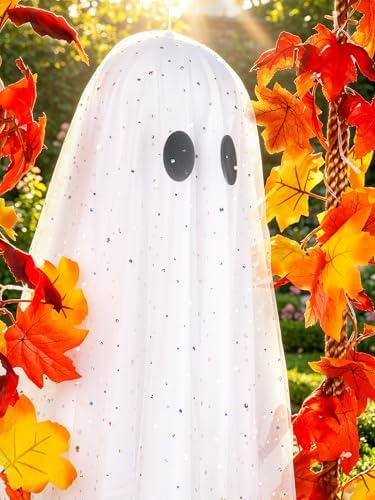 AYGXU Halloween Decorations Outdoor Indoor-5.3ft Hanging Ghost Decor with a Maple Leaf 6.6ft Swing,Ghost Light,Halloween Decor for Tree,Yard,Porch,Garden